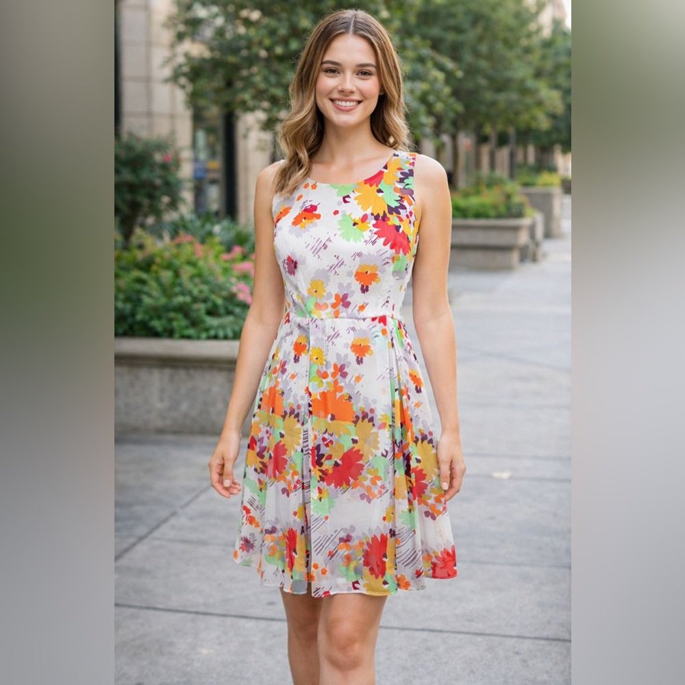 Twenty One Floral Fit & Flare Knee Length Dress L Sleeveless Lined